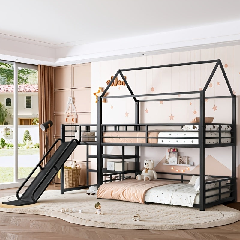 BELLEMAVE Twin Size Heavy-Duty Metal House Bunk Bed Frame with Storage Stairs, Slide, And Full Safety Guardrails, Noise-Reduced Bunk Bed, No Box Spring Required, Modern Bedroom Furniture for Small Spaces, Black