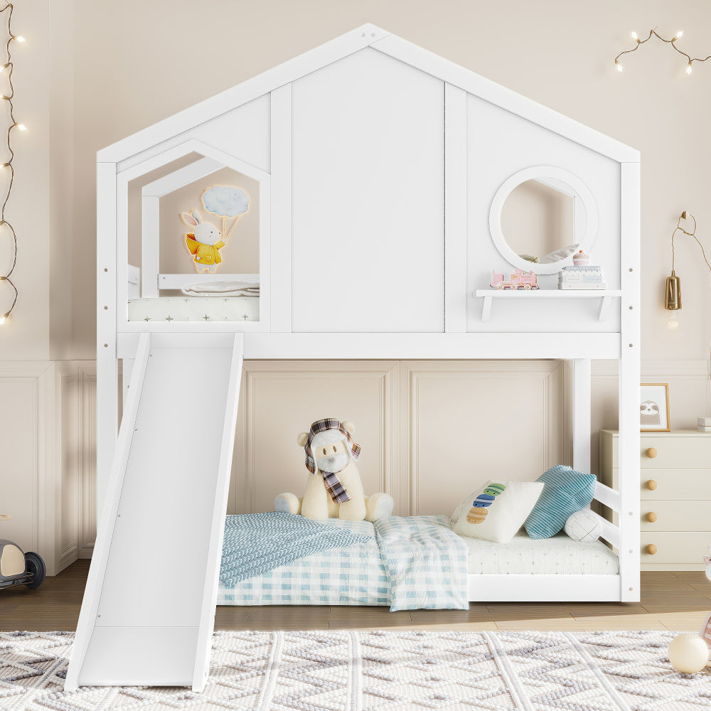 Twin House Bunk Bed with Slide and Storage Shelves, Solid Wood House Loft Bed with Window, Childlike Design, White