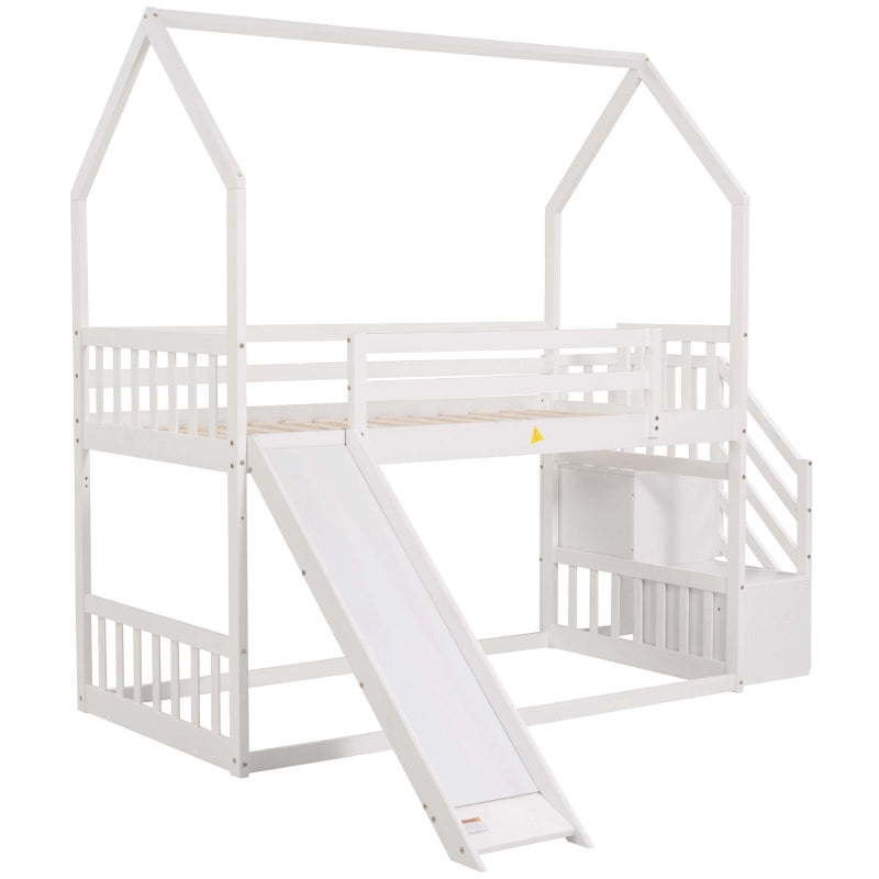 White Space-Saving Design of a Twin Over Twin Bunk Bed Featuring a Convertible Slide And a Staircase with Storage