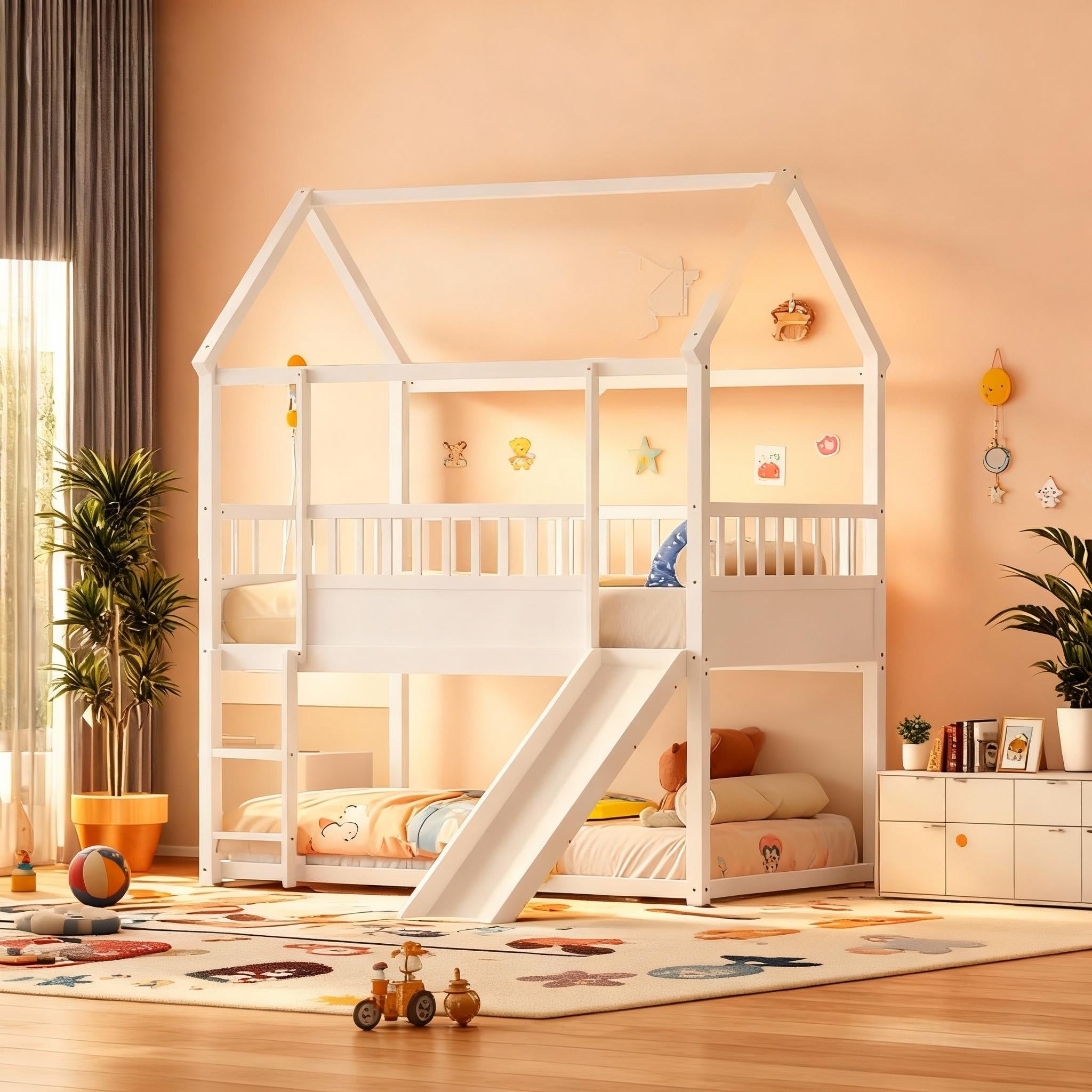 Bellemave Twin Over Twin House Bunk Bed with Convertible Slide & Reversible Ladder, Safety Guardrail - House-Shaped Kids Bed Frame, Low-Profile Design, Easy Assembly, No Box Spring Needed (Mattress Not Included), White - Room