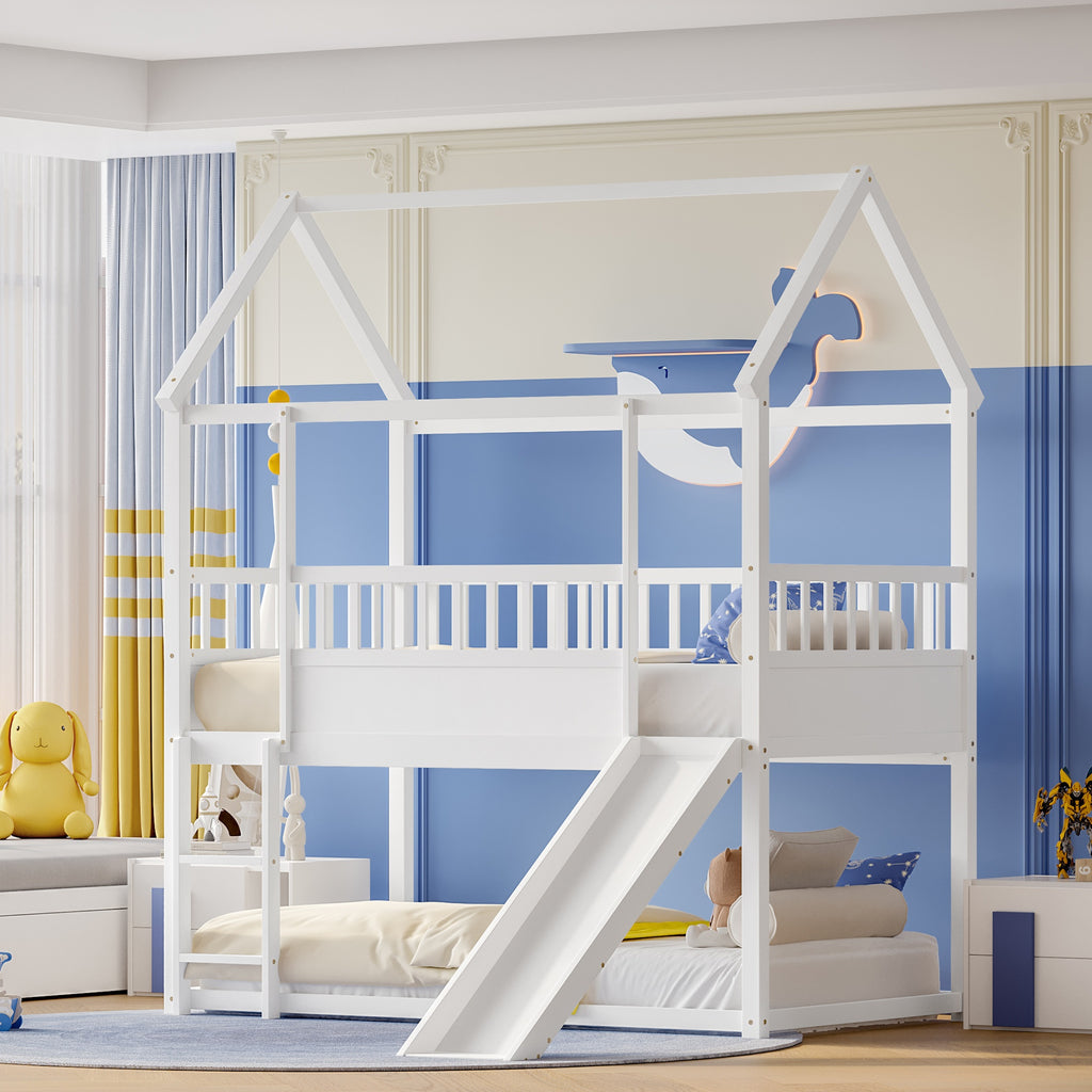 Bellemave Twin Over Twin House Bunk Bed with Convertible Slide & Reversible Ladder, Safety Guardrail - House-Shaped Kids Bed Frame, Low-Profile Design, Easy Assembly, No Box Spring Needed (Mattress Not Included), White - Room