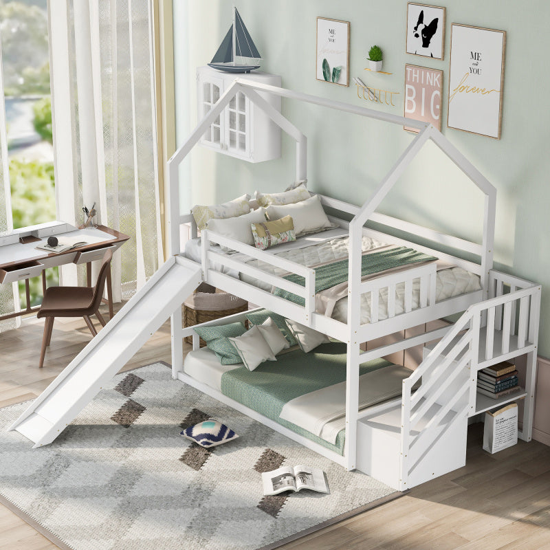 White Space-Saving Design of a Twin Over Twin Bunk Bed Featuring a Convertible Slide And a Staircase with Storage