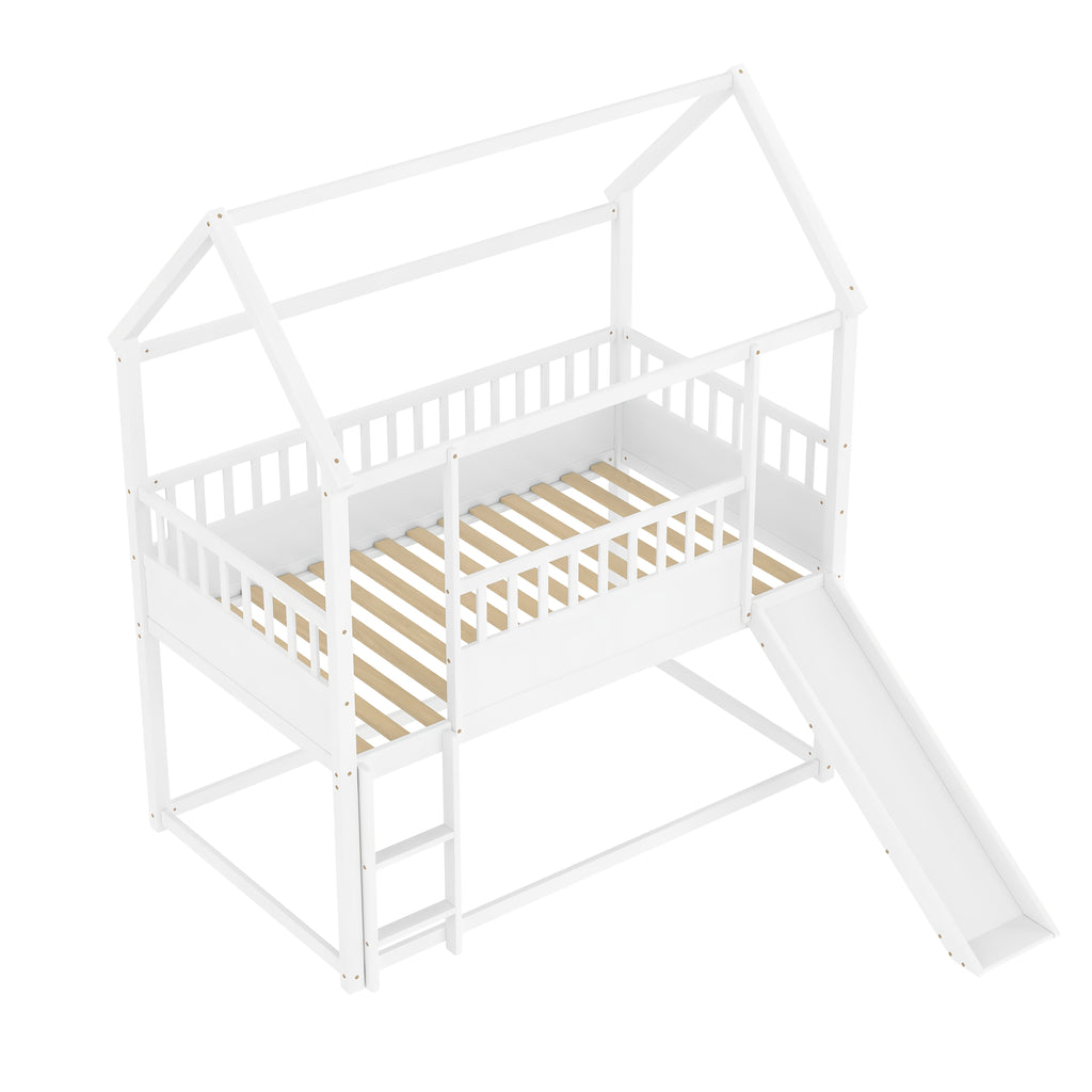 Bellemave Twin Over Twin House Bunk Bed with Convertible Slide & Reversible Ladder, Safety Guardrail - House-Shaped Kids Bed Frame, Low-Profile Design, Easy Assembly, No Box Spring Needed (Mattress Not Included), White - Room