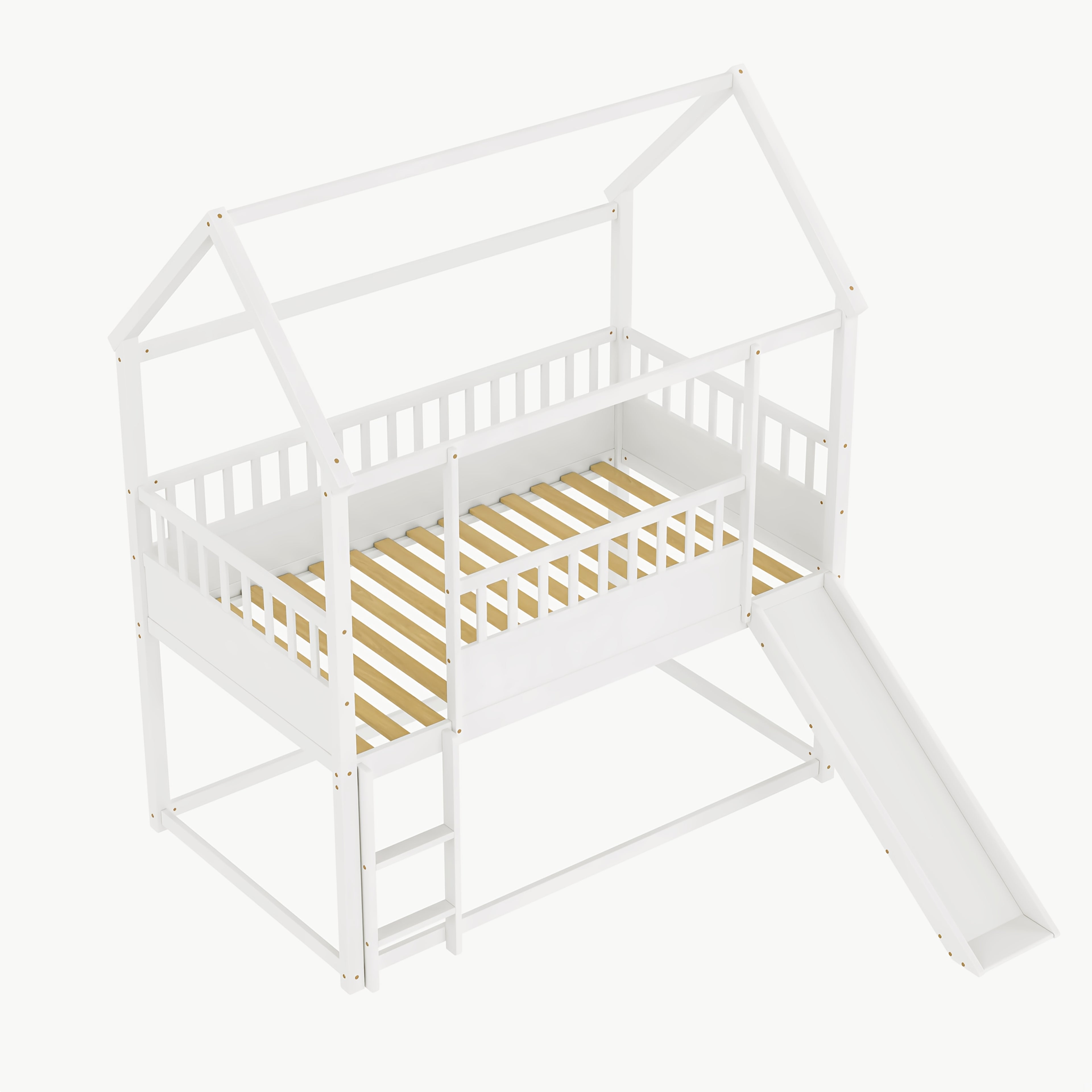 Bellemave Twin Over Twin House Bunk Bed with Convertible Slide & Reversible Ladder, Safety Guardrail - House-Shaped Kids Bed Frame, Low-Profile Design, Easy Assembly, No Box Spring Needed (Mattress Not Included), White - Room