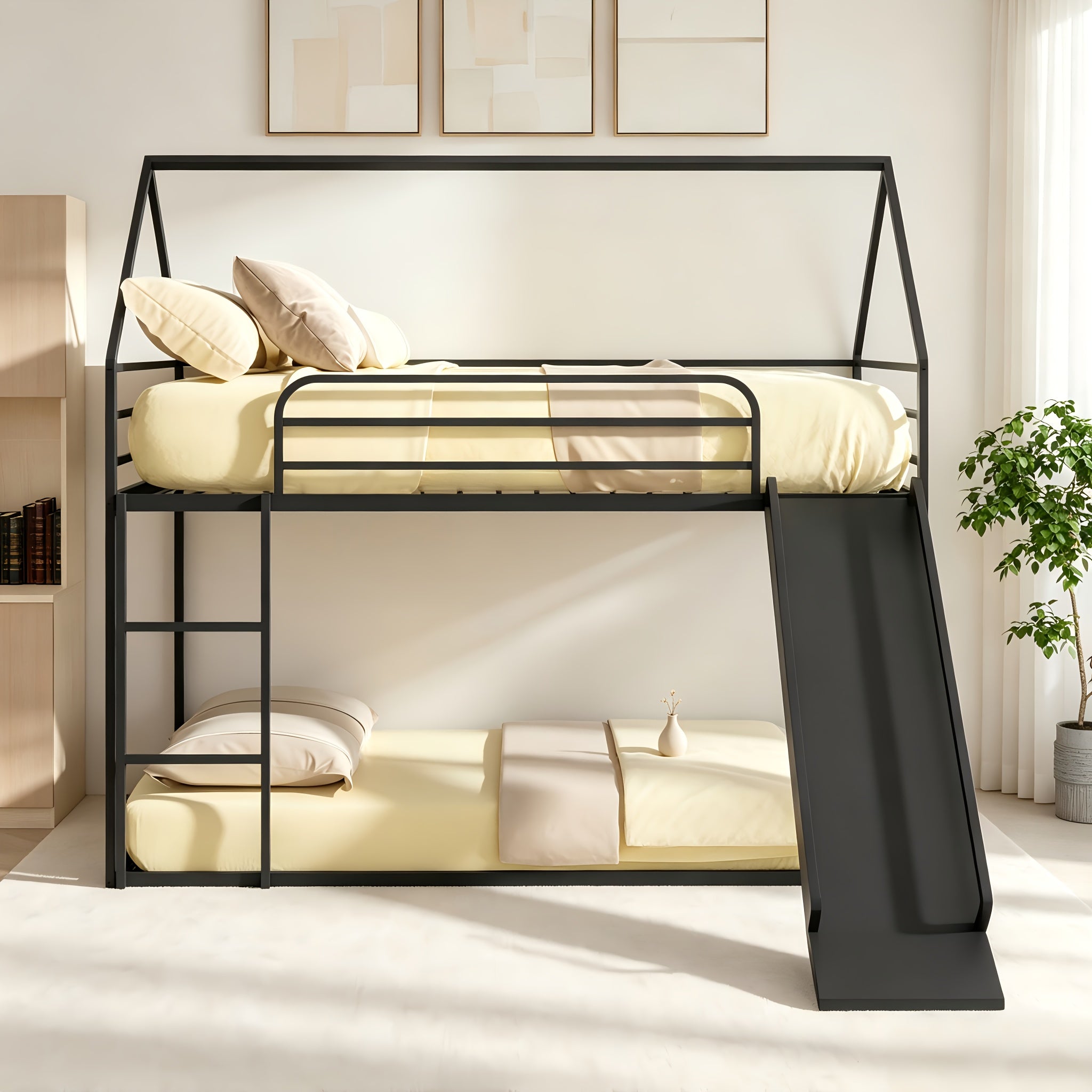 BELLEMAVE Black Twin Over Twin House Bunk Bed Frame with Slide, Metal Bunk Bed with Ladder& Safety Guardrails, Bunk Beds with Noise Reduced Design, No Box Spring Needed, No Mattress, Easy Assembly, Black