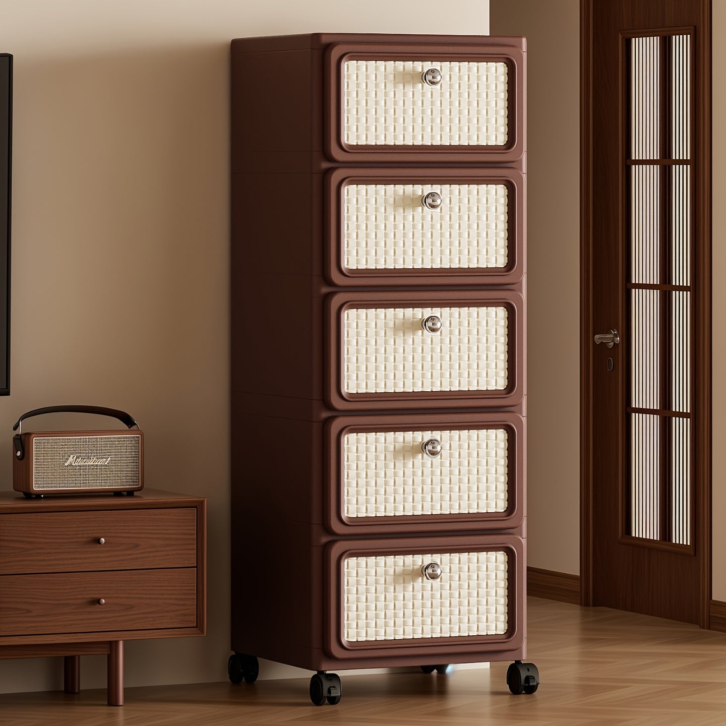 A Storage Cabinet Made of One-Piece Plastic. It Is Versatile, Features a Modern Minimalist Design, And Is Easy to Move. Ideal for Use in The Living Room, Kitchen, Bathroom, And Bedroom. Color: Brown, Storage Drawer Units
