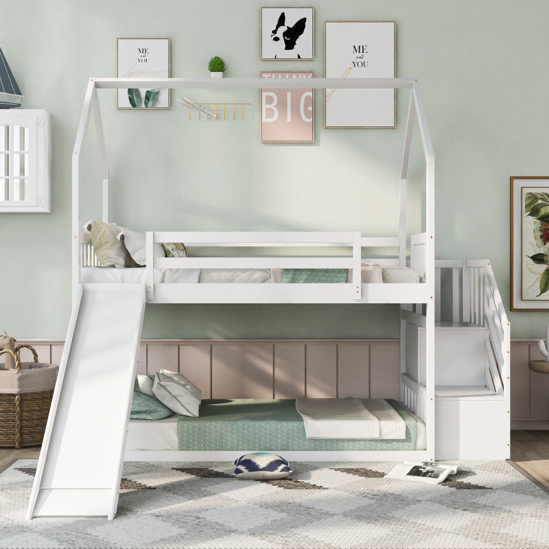 White Space-Saving Design of a Twin Over Twin Bunk Bed Featuring a Convertible Slide And a Staircase with Storage