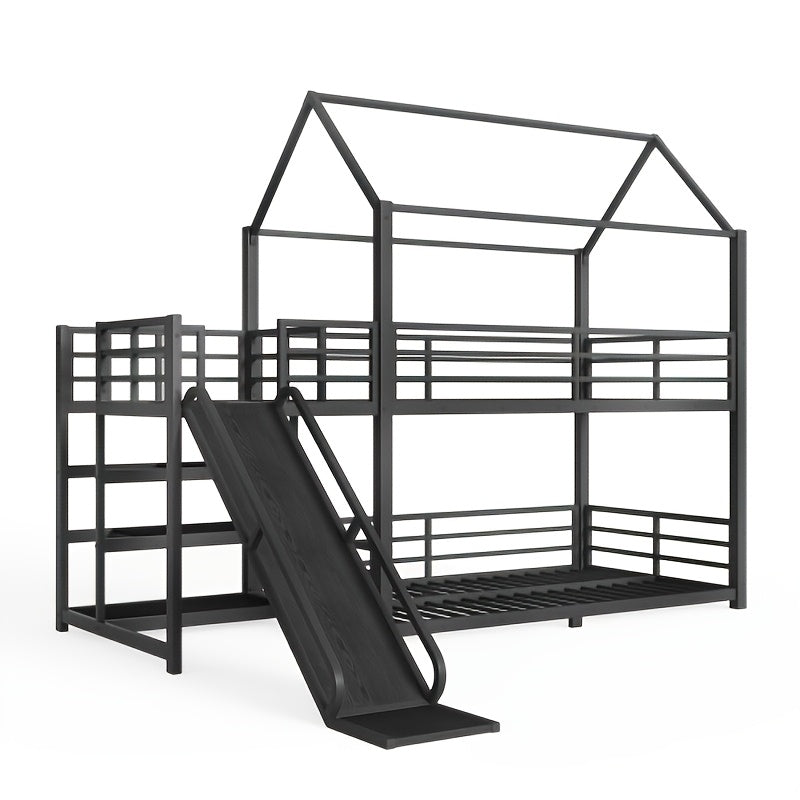 BELLEMAVE Twin Size Heavy-Duty Metal House Bunk Bed Frame with Storage Stairs, Slide, And Full Safety Guardrails, Noise-Reduced Bunk Bed, No Box Spring Required, Modern Bedroom Furniture for Small Spaces, Black