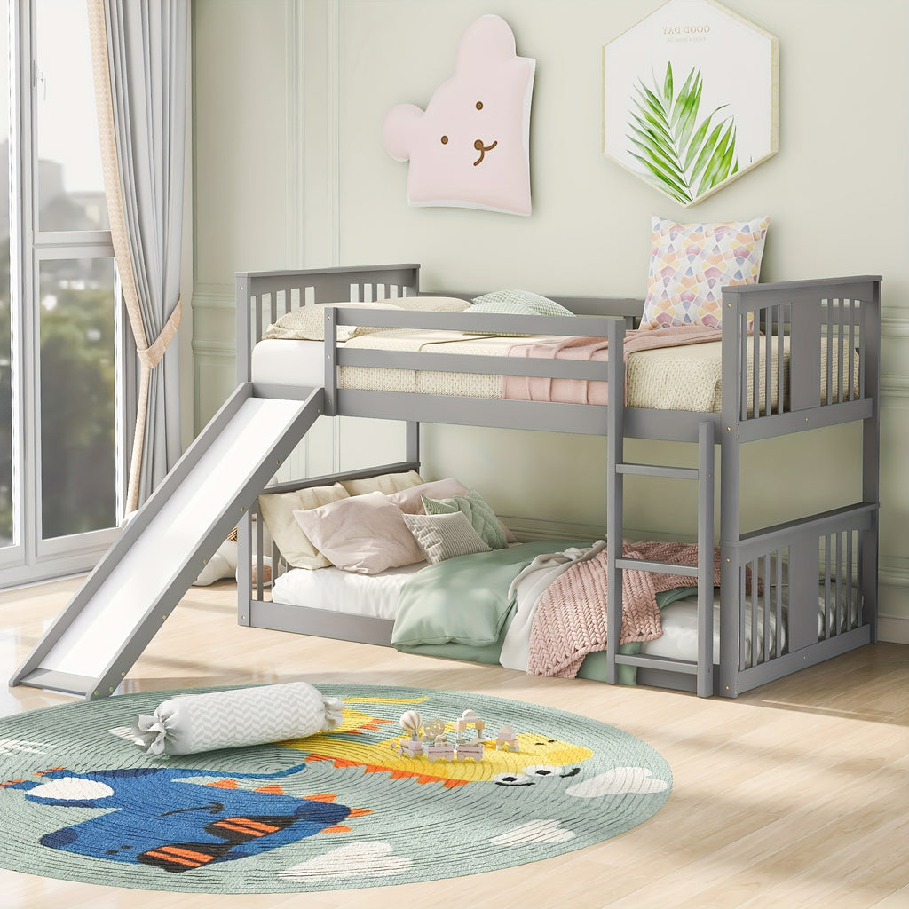 Twin\u002FTwin Bunk Bed with Slide & Ladder - Space-Saving Youngsters Bed with Solid Pine Wood Frame, Full-Length Guardrails, Twin Over Twin Loft Bed Suitable for Shared Bedrooms, Sleepovers & Small Spaces