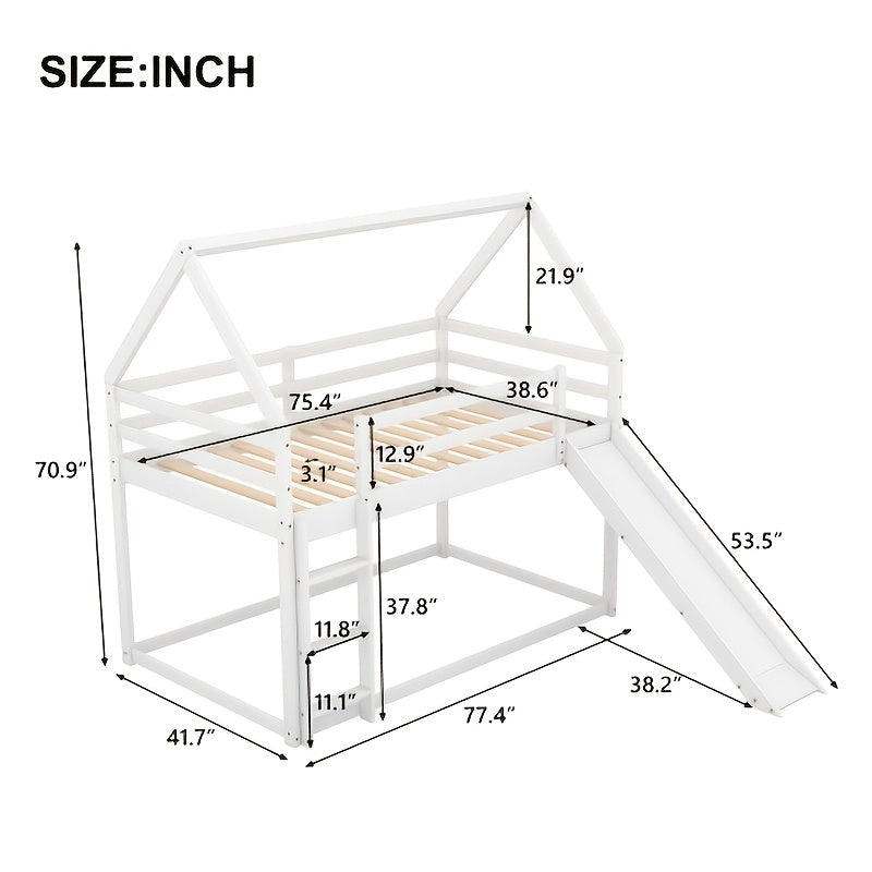 BELLEMAVE 2-in-1 Twin Size Low-Profile House Bunk Bed Frame with Roof, Slide & Ladder, Noise-Reduced Heavy-Duty Bunk Bed, No Box Spring Required, Modern Bedroom Furniture for Small Apartments, White