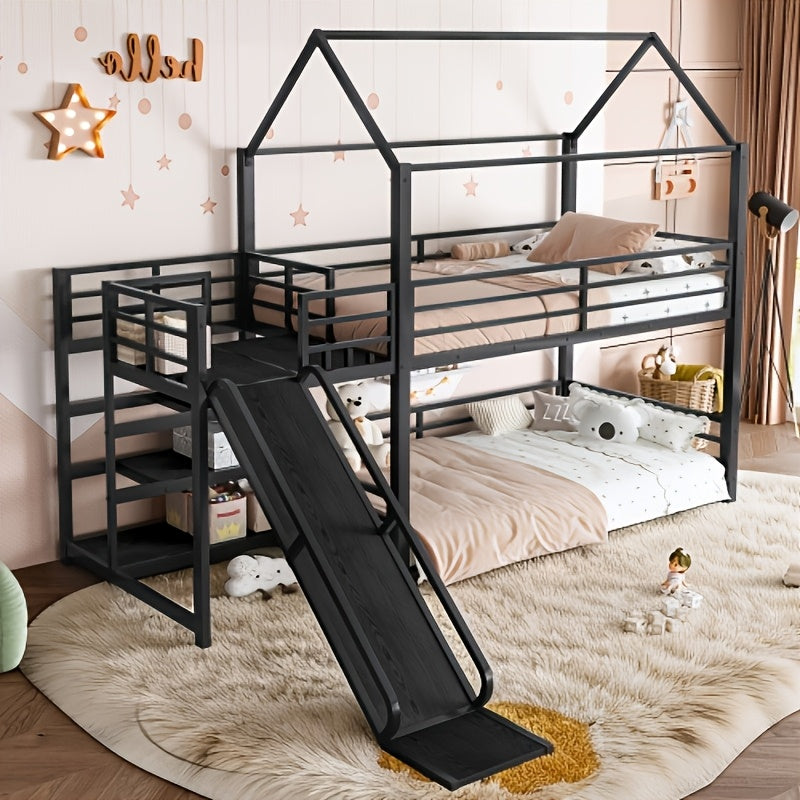 BELLEMAVE Twin Size Heavy-Duty Metal House Bunk Bed Frame with Storage Stairs, Slide, And Full Safety Guardrails, Noise-Reduced Bunk Bed, No Box Spring Required, Modern Bedroom Furniture for Small Spaces, Black