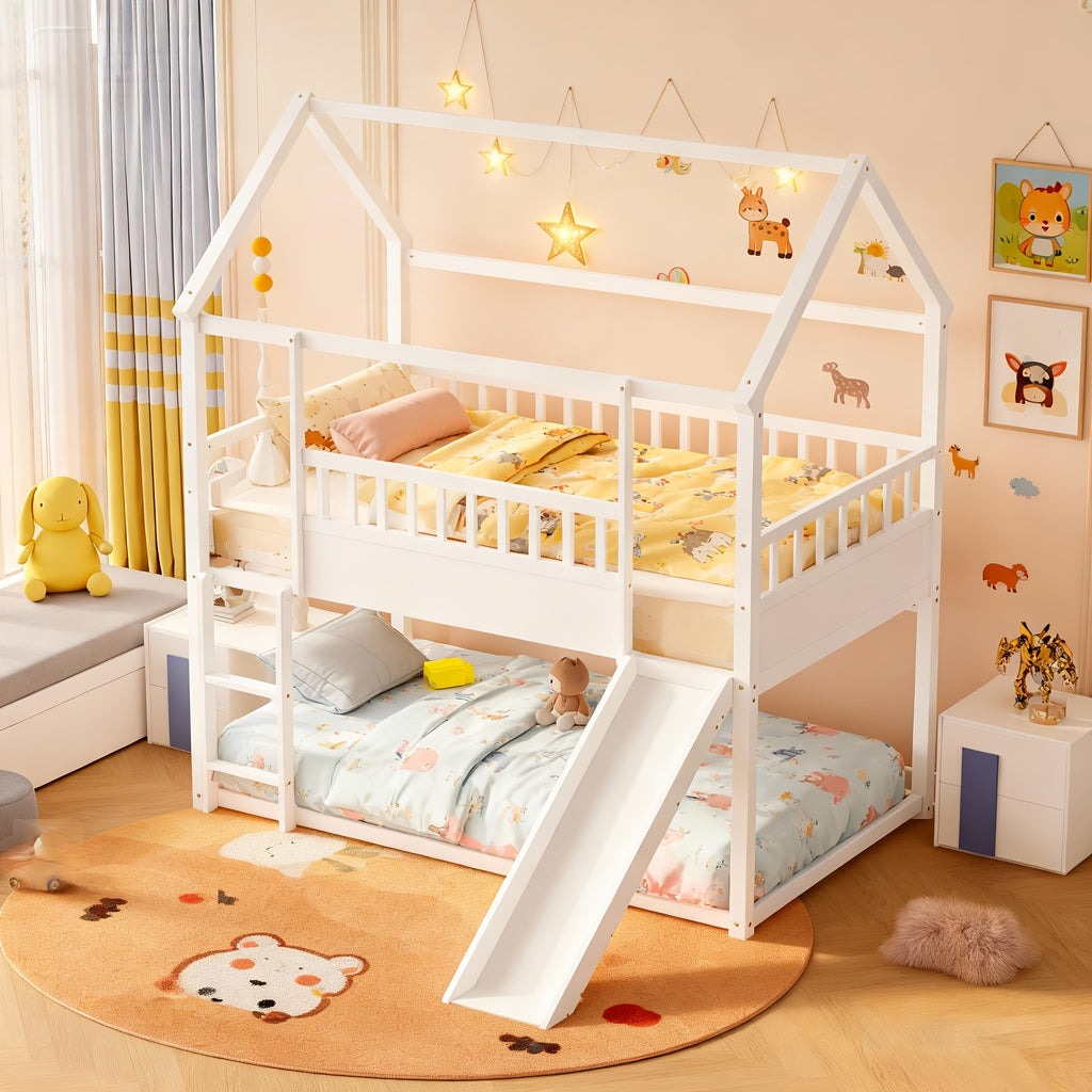 Bellemave Twin Over Twin House Bunk Bed with Convertible Slide & Reversible Ladder, Safety Guardrail - House-Shaped Kids Bed Frame, Low-Profile Design, Easy Assembly, No Box Spring Needed (Mattress Not Included), White - Room
