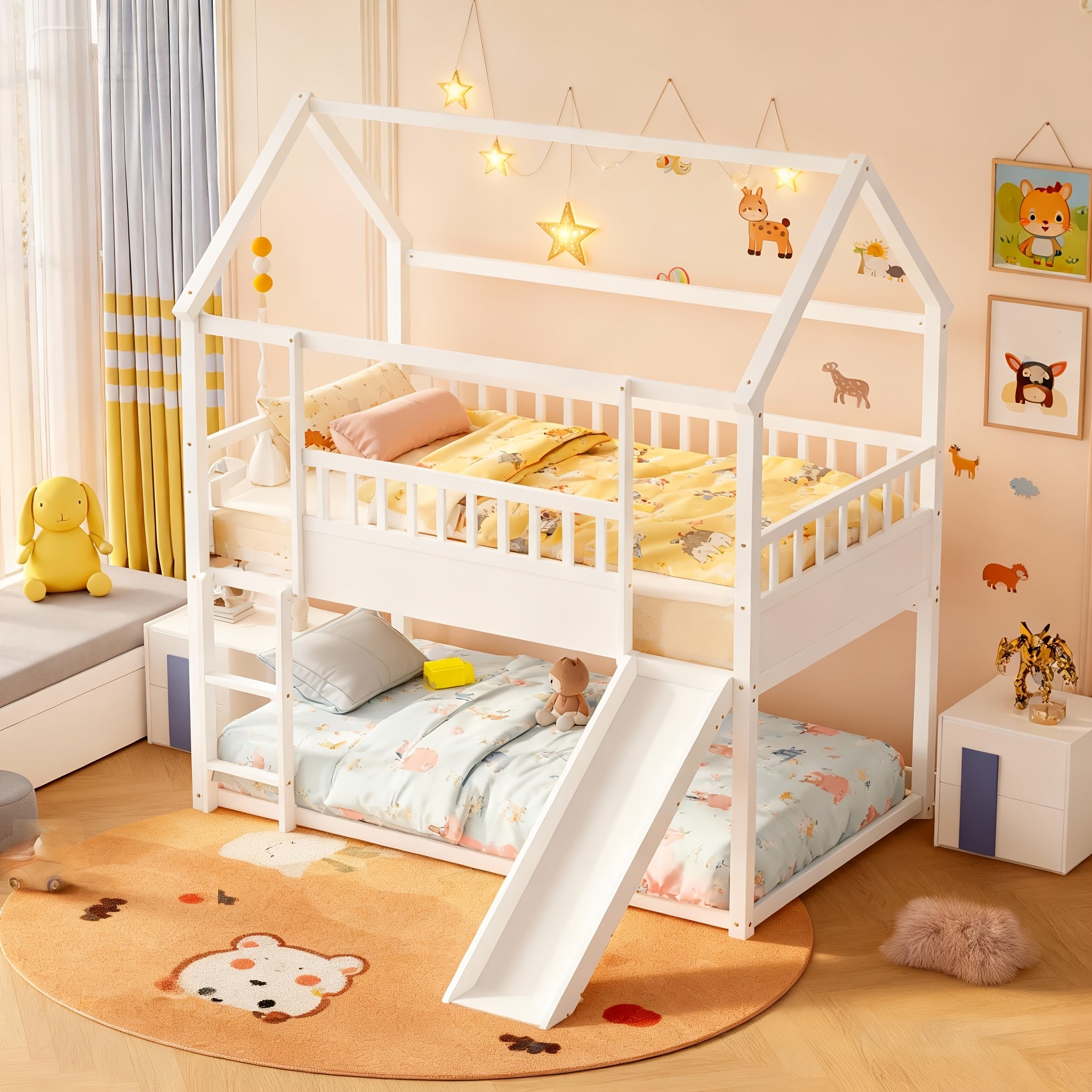 Bellemave Twin Over Twin House Bunk Bed with Convertible Slide & Reversible Ladder, Safety Guardrail - House-Shaped Kids Bed Frame, Low-Profile Design, Easy Assembly, No Box Spring Needed (Mattress Not Included), White - Room