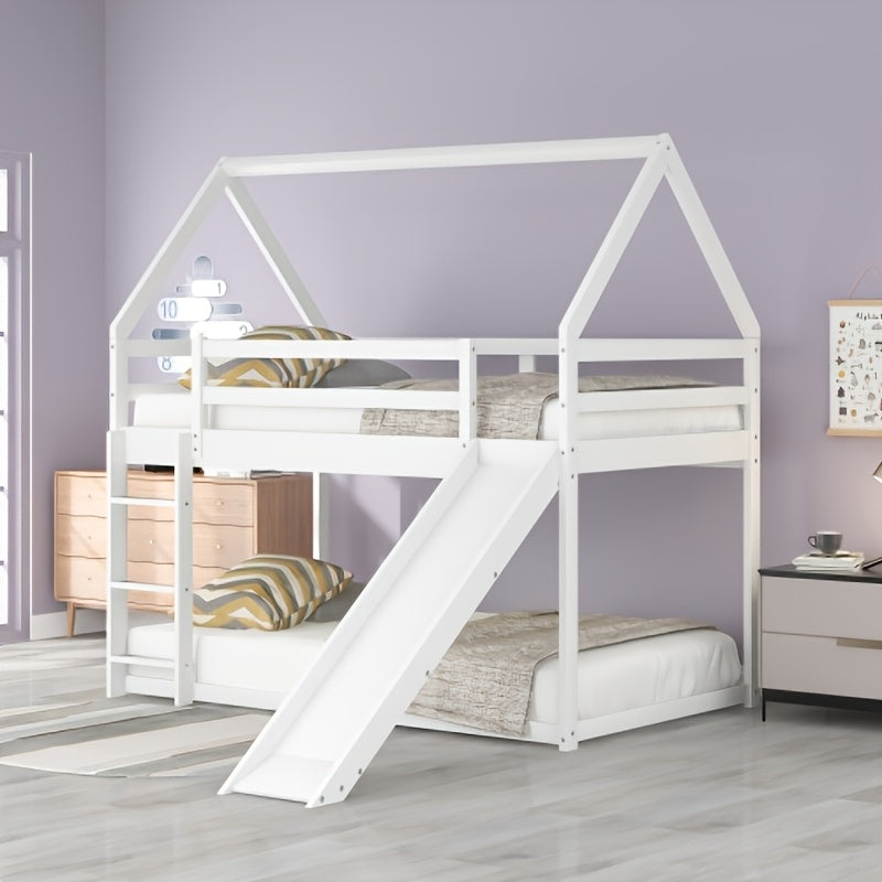 BELLEMAVE 2-in-1 Twin Size Low-Profile House Bunk Bed Frame with Roof, Slide & Ladder, Noise-Reduced Heavy-Duty Bunk Bed, No Box Spring Required, Modern Bedroom Furniture for Small Apartments, White