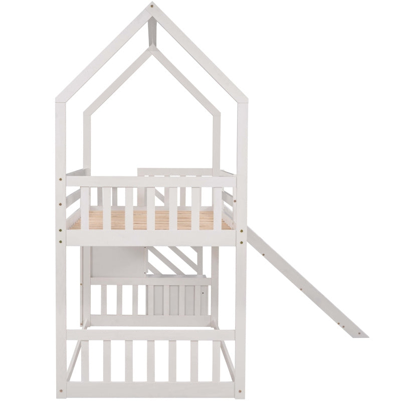 White Space-Saving Design of a Twin Over Twin Bunk Bed Featuring a Convertible Slide And a Staircase with Storage