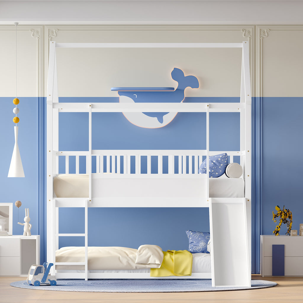 Bellemave Twin Over Twin House Bunk Bed with Convertible Slide & Reversible Ladder, Safety Guardrail - House-Shaped Kids Bed Frame, Low-Profile Design, Easy Assembly, No Box Spring Needed (Mattress Not Included), White - Room