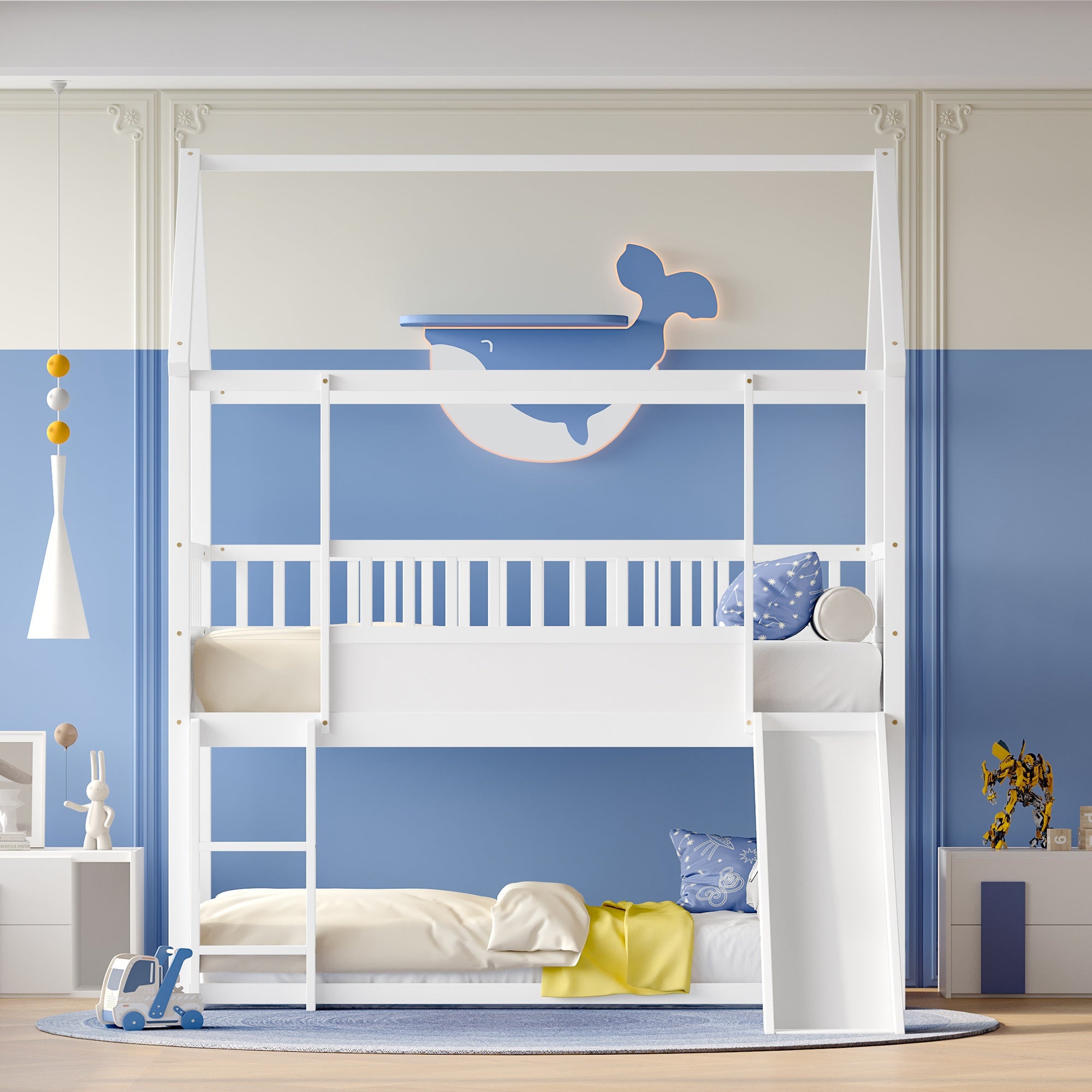 Bellemave Twin Over Twin House Bunk Bed with Convertible Slide & Reversible Ladder, Safety Guardrail - House-Shaped Kids Bed Frame, Low-Profile Design, Easy Assembly, No Box Spring Needed (Mattress Not Included), White - Room