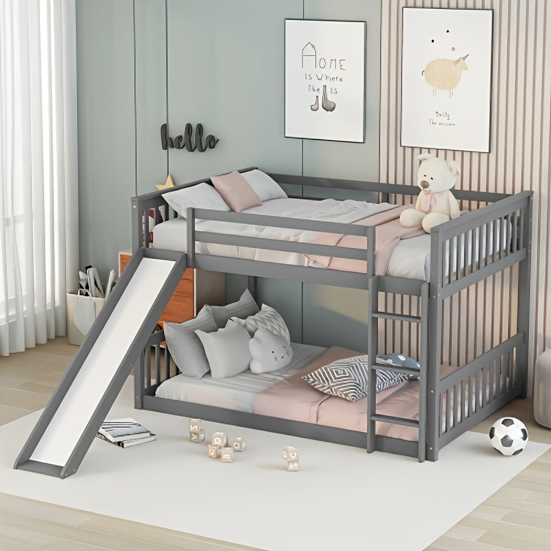 BELLEMAVE Full Over Full Bunk Bed Frame with Slide, Ladder & Full Safety Guardrails, Noise-Reduced Heavy-Duty Bunk Bed, No Box Spring Required, Modern Bedroom Furniture for Small Apartments, Grey