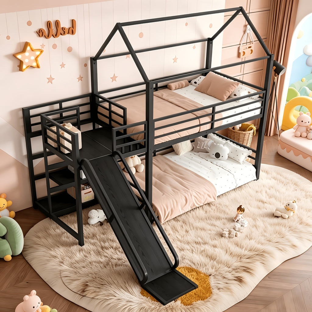 BELLEMAVE Twin Size Heavy-Duty Metal House Bunk Bed Frame with Storage Stairs, Slide, And Full Safety Guardrails, Noise-Reduced Bunk Bed, No Box Spring Required, Modern Bedroom Furniture for Small Spaces, Black