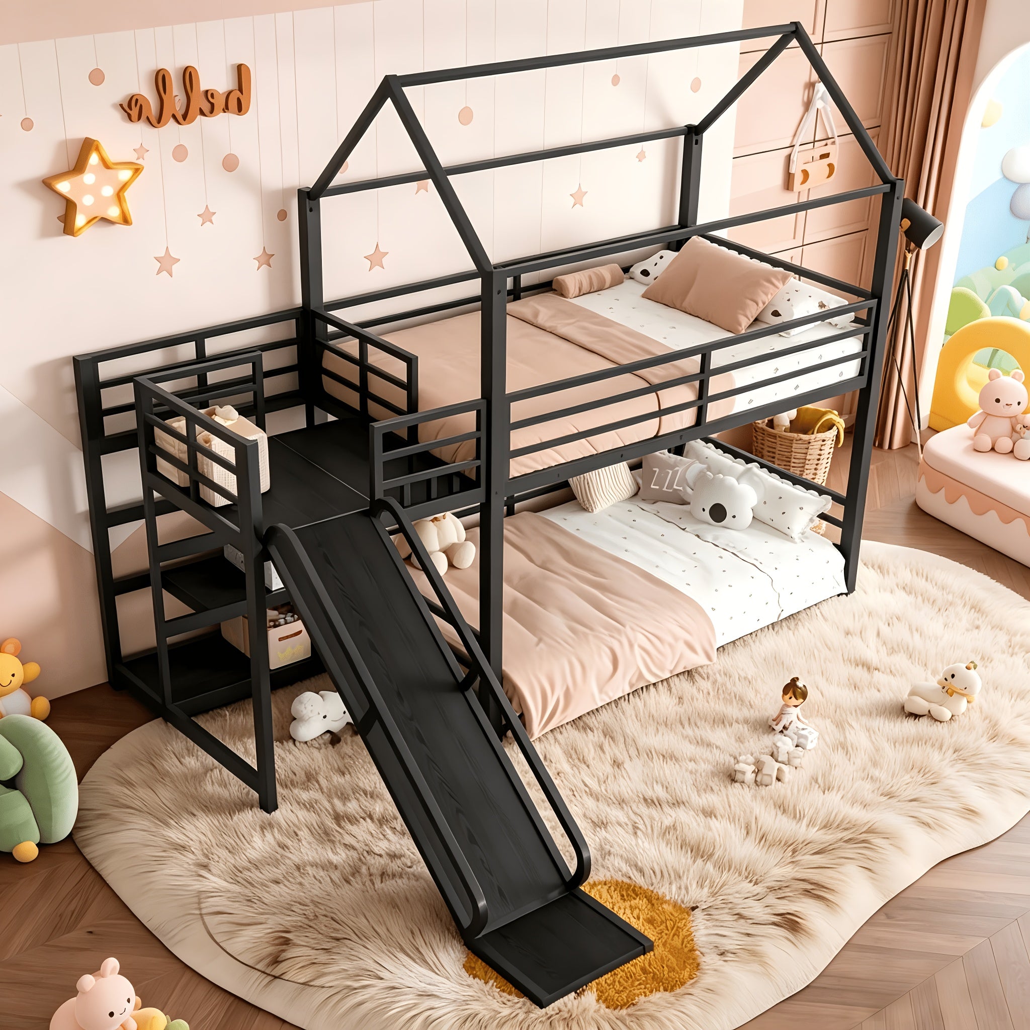 BELLEMAVE Twin Size Heavy-Duty Metal House Bunk Bed Frame with Storage Stairs, Slide, And Full Safety Guardrails, Noise-Reduced Bunk Bed, No Box Spring Required, Modern Bedroom Furniture for Small Spaces, Black