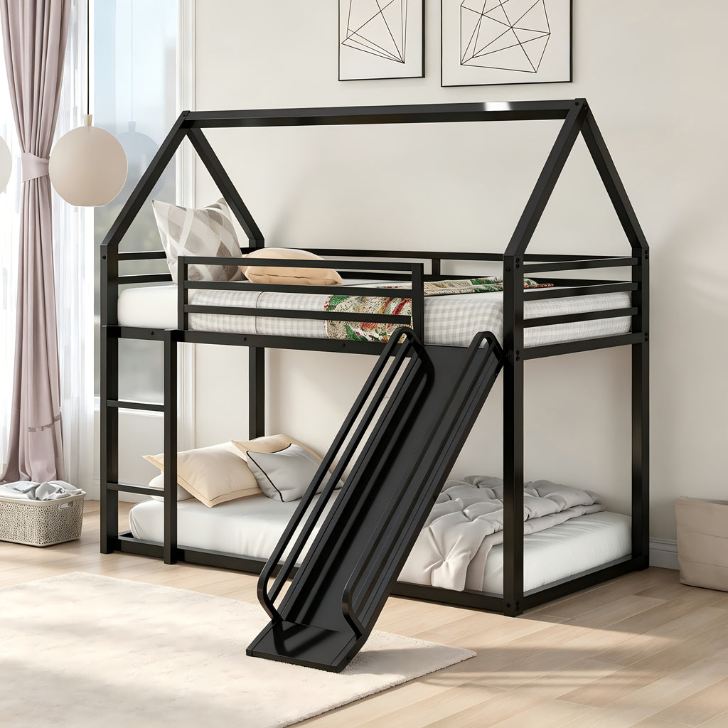 BELLEMAVE Black Twin Over Twin House Bunk Bed Frame with Slide, Metal Bunk Bed with Ladder& Safety Guardrails, Bunk Beds with Noise Reduced Design, No Box Spring Needed, No Mattress, Easy Assembly, Black