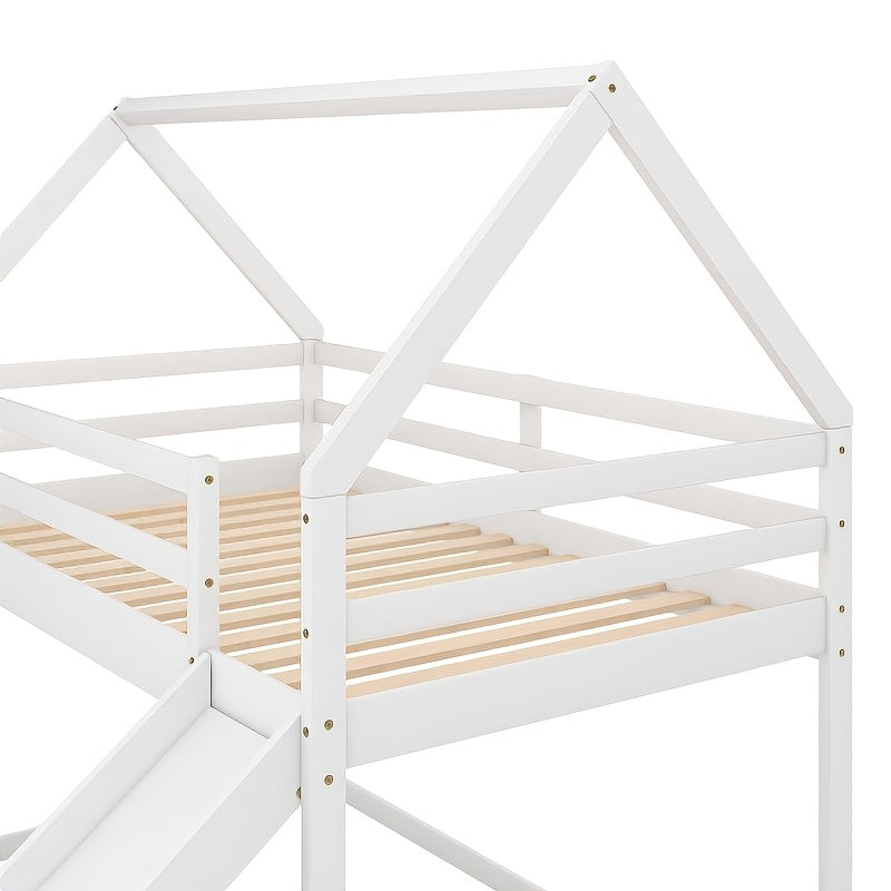 BELLEMAVE 2-in-1 Twin Size Low-Profile House Bunk Bed Frame with Roof, Slide & Ladder, Noise-Reduced Heavy-Duty Bunk Bed, No Box Spring Required, Modern Bedroom Furniture for Small Apartments, White