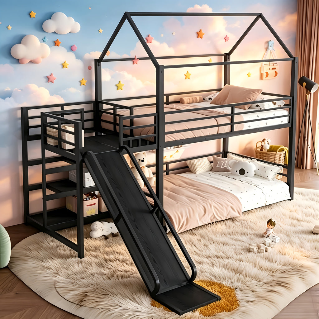 BELLEMAVE Twin Size Heavy-Duty Metal House Bunk Bed Frame with Storage Stairs, Slide, And Full Safety Guardrails, Noise-Reduced Bunk Bed, No Box Spring Required, Modern Bedroom Furniture for Small Spaces, Black