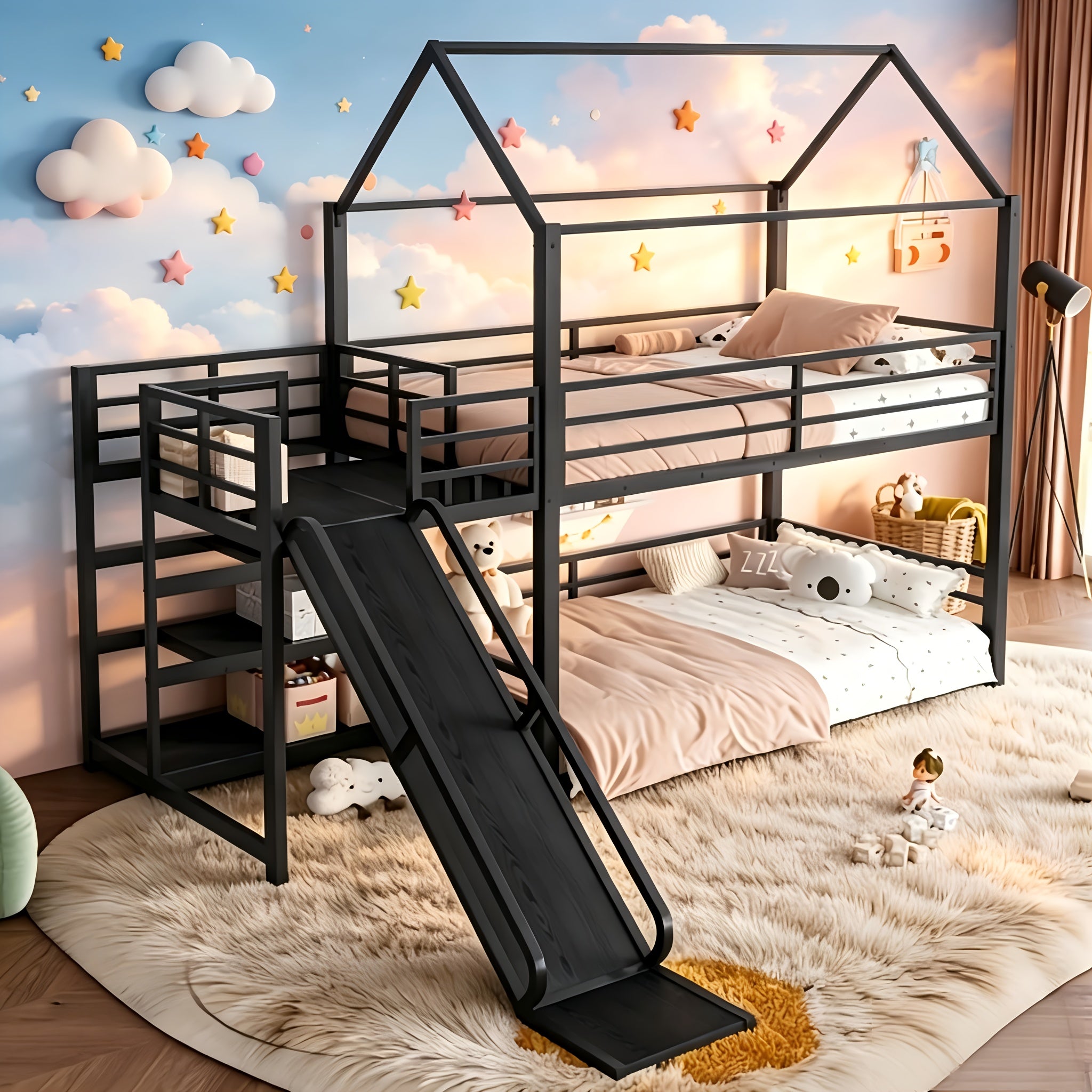 BELLEMAVE Twin Size Heavy-Duty Metal House Bunk Bed Frame with Storage Stairs, Slide, And Full Safety Guardrails, Noise-Reduced Bunk Bed, No Box Spring Required, Modern Bedroom Furniture for Small Spaces, Black