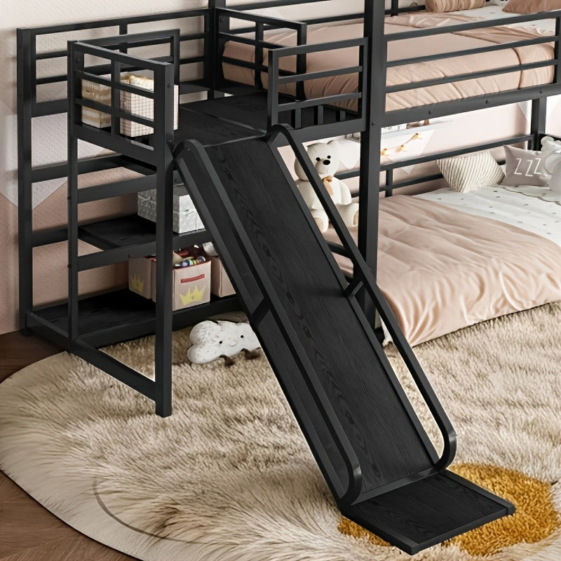BELLEMAVE Twin Size Heavy-Duty Metal House Bunk Bed Frame with Storage Stairs, Slide, And Full Safety Guardrails, Noise-Reduced Bunk Bed, No Box Spring Required, Modern Bedroom Furniture for Small Spaces, Black