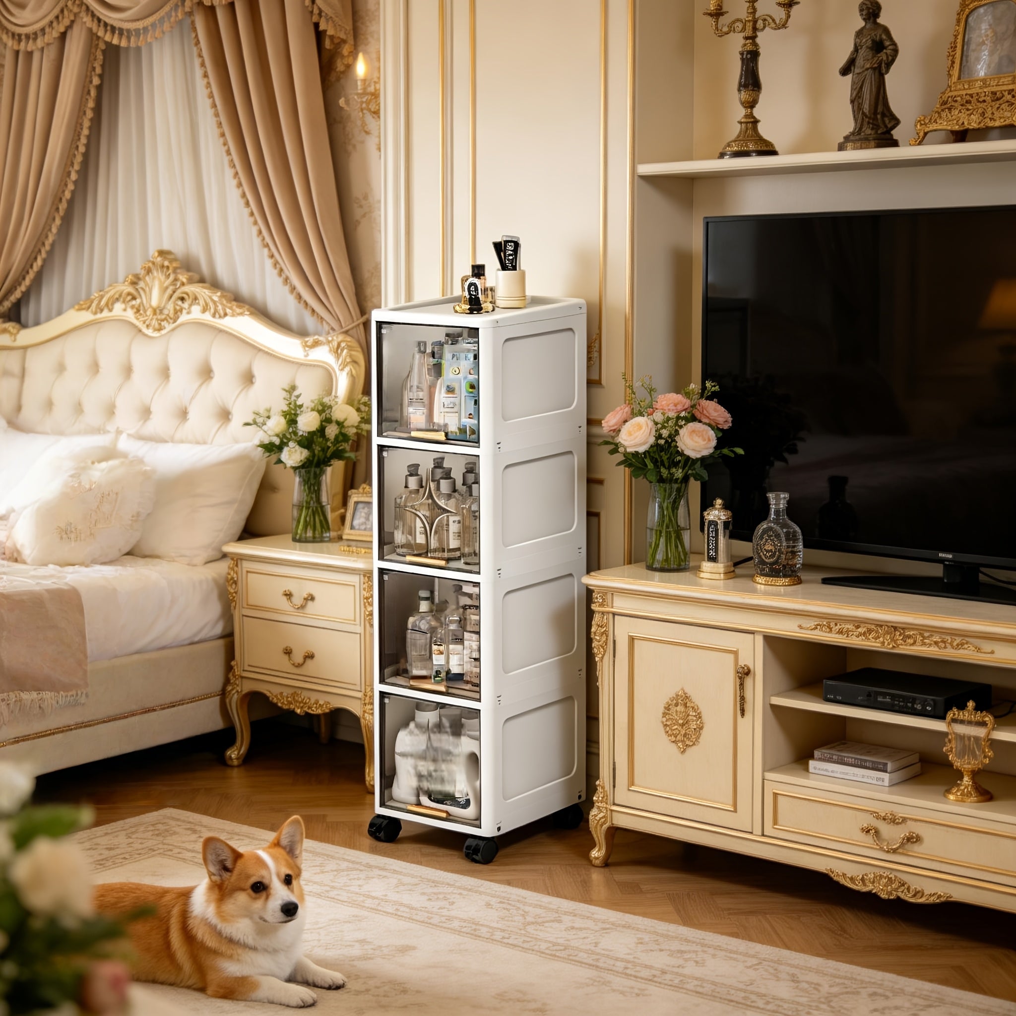 9.84inch Wide, Translucent Tea-Colored, Narrow Folding Storage Cabinet for Home, Narrow Storage Cabinet for Bedroom, Living Room, Miscellaneous Storage And Organization Cabinet, Under-Bed Storage