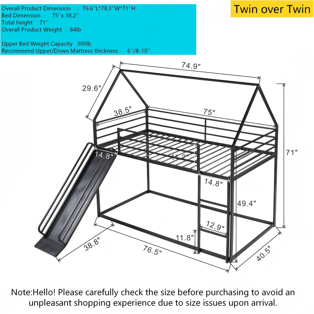 BELLEMAVE Black Twin Over Twin House Bunk Bed Frame with Slide, Metal Bunk Bed with Ladder& Safety Guardrails, Bunk Beds with Noise Reduced Design, No Box Spring Needed, No Mattress, Easy Assembly, Black