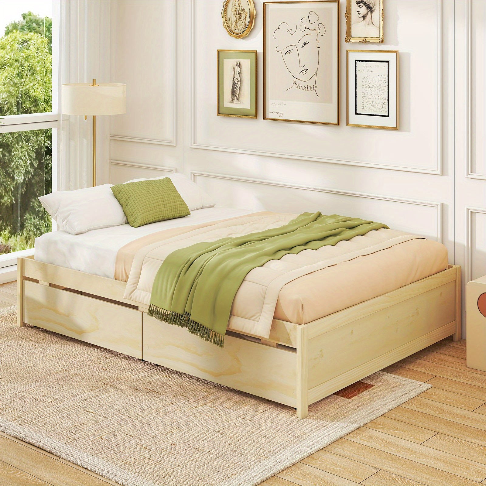 LIFEZEAL Full Size Wooden Platform Bed Frame with 2 Rolling Storage Drawers - Modern White\u002FNatural Bed with Sturdy Hardwood Construction, No Box Spring Needed, 600 lbs Weight Capacity, Underbed Storage System, Easy Assembly