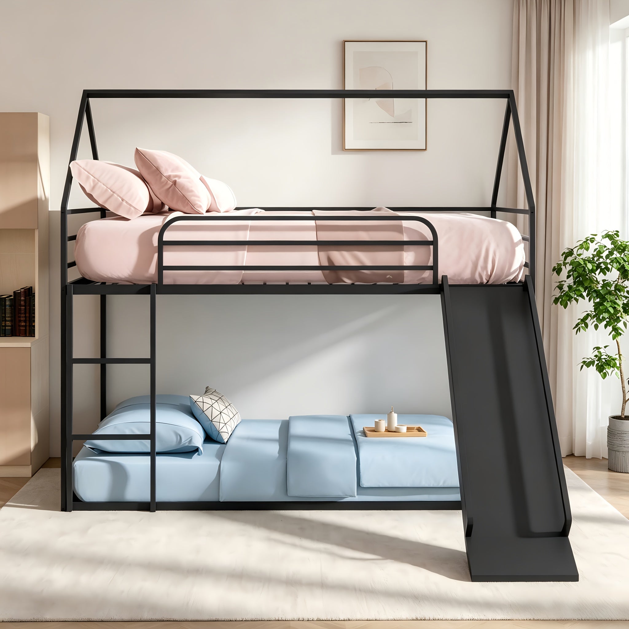 BELLEMAVE Black Twin Over Twin House Bunk Bed Frame with Slide, Metal Bunk Bed with Ladder& Safety Guardrails, Bunk Beds with Noise Reduced Design, No Box Spring Needed, No Mattress, Easy Assembly, Black