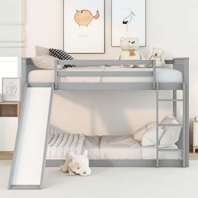 BELLEMAVE Full Over Full Bunk Bed Frame with Slide, Ladder & Full Safety Guardrails, Noise-Reduced Heavy-Duty Bunk Bed, No Box Spring Required, Modern Bedroom Furniture for Small Apartments, Grey