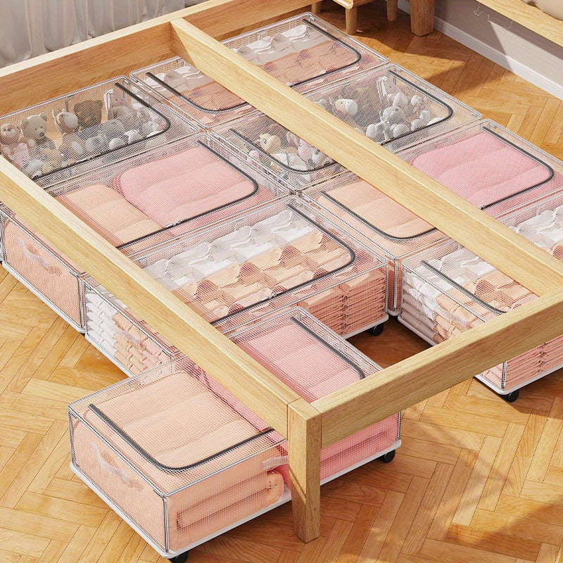 Heavy Duty Under Bed Storage Box with Lockable Lid And Smooth Casters PVC Frame with White Panels Multi Drawer Clothing And Blanket Storage Box Space Saving Heavy Duty Storage Durable PVC Cabinet Under Bed Storage, Under-Bed Storage