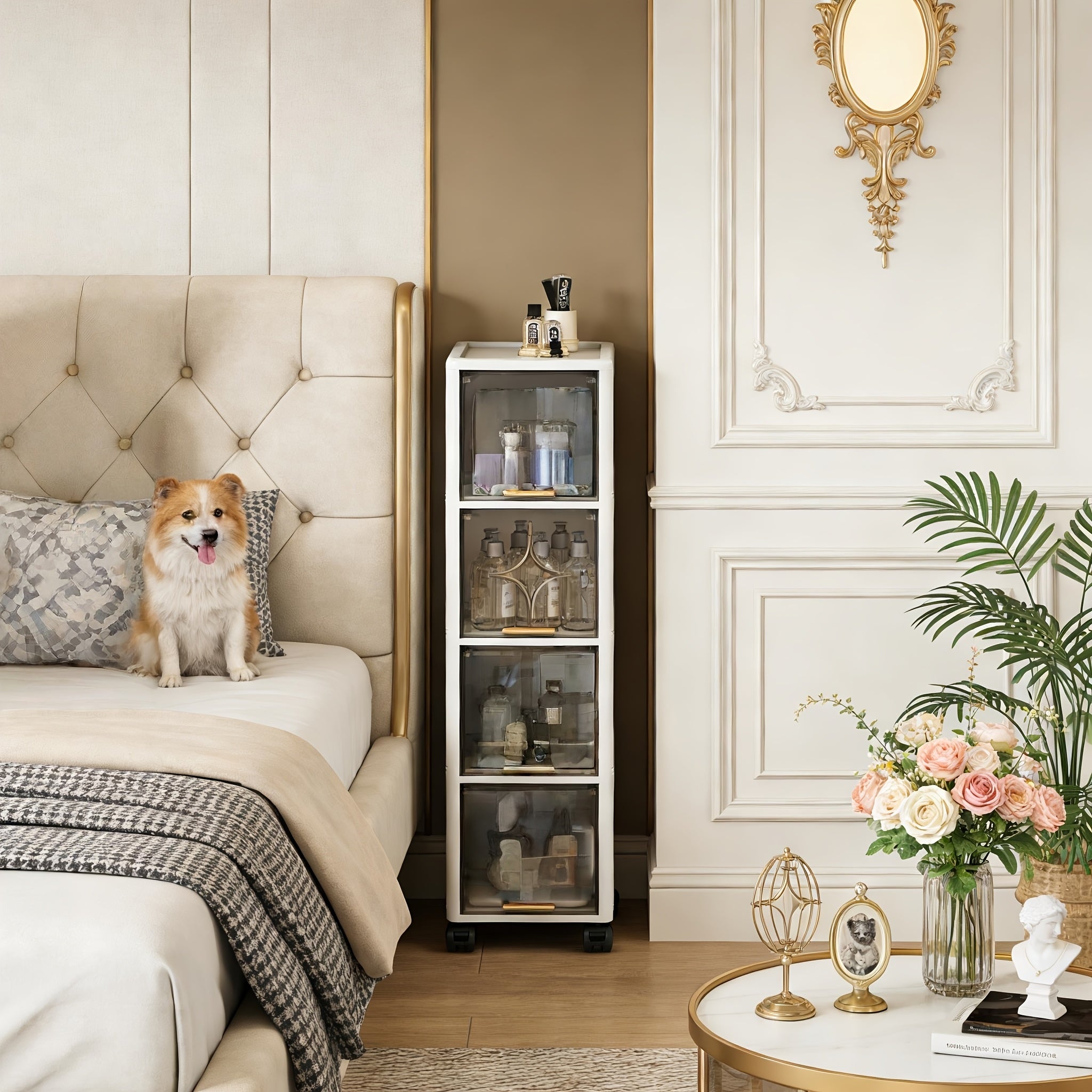 9.84inch Wide, Translucent Tea-Colored, Narrow Folding Storage Cabinet for Home, Narrow Storage Cabinet for Bedroom, Living Room, Miscellaneous Storage And Organization Cabinet, Under-Bed Storage