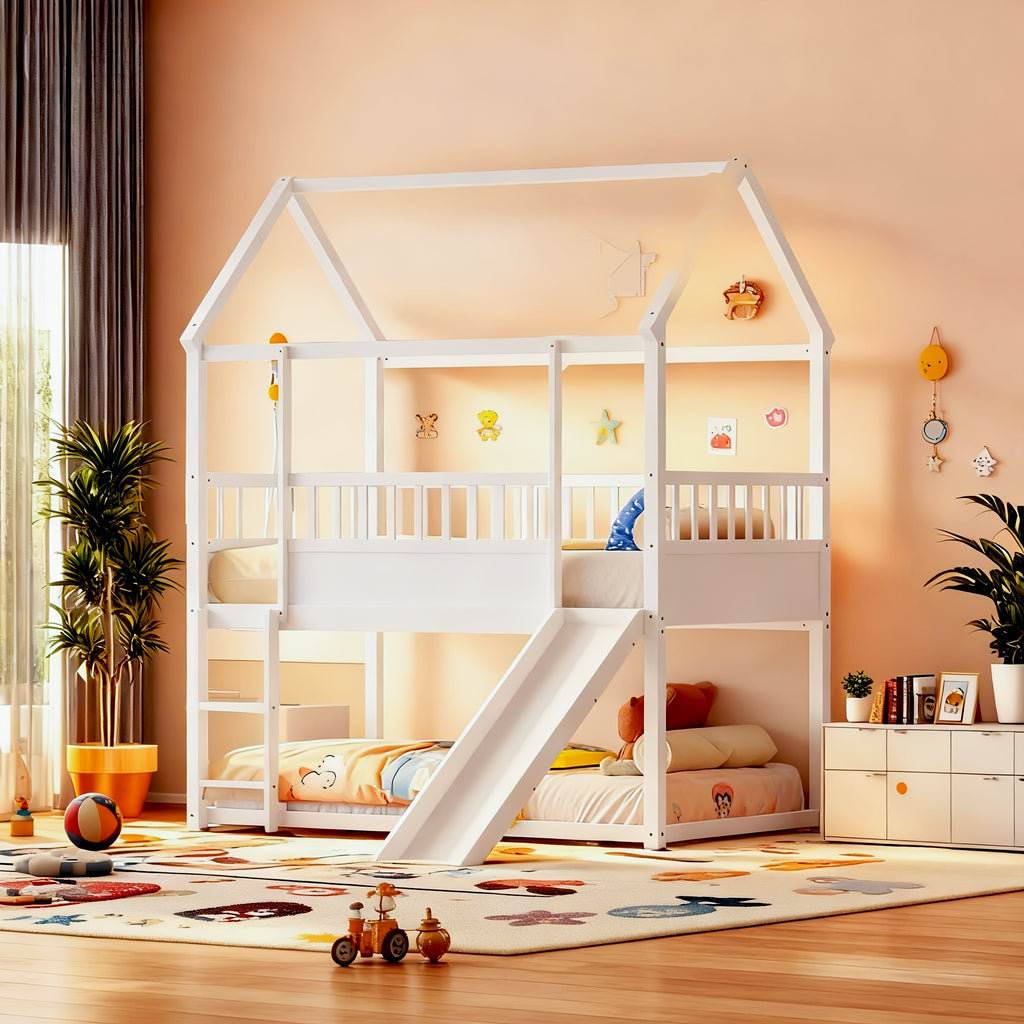 Bellemave Twin Over Twin House Bunk Bed with Convertible Slide & Reversible Ladder, Safety Guardrail - House-Shaped Kids Bed Frame, Low-Profile Design, Easy Assembly, No Box Spring Needed (Mattress Not Included), White - Room
