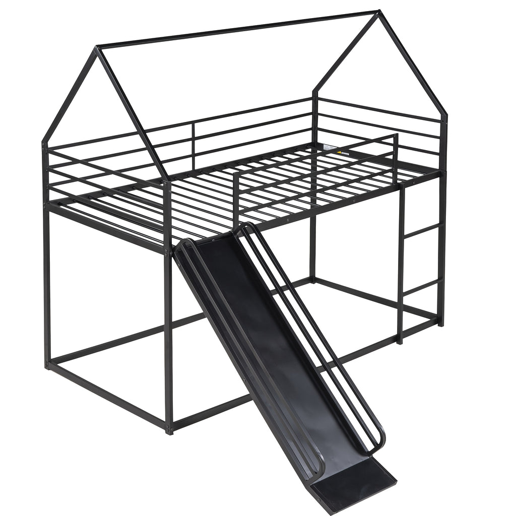 BELLEMAVE Black Twin Over Twin House Bunk Bed Frame with Slide, Metal Bunk Bed with Ladder& Safety Guardrails, Bunk Beds with Noise Reduced Design, No Box Spring Needed, No Mattress, Easy Assembly, Black
