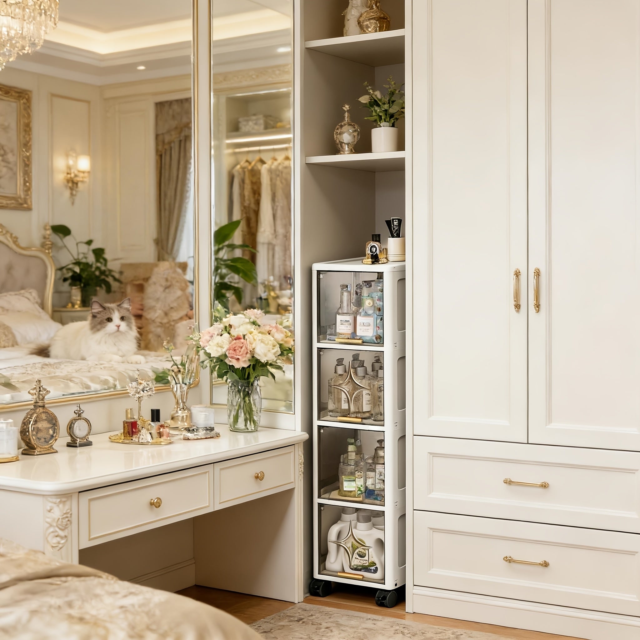 9.84inch Wide, Translucent Tea-Colored, Narrow Folding Storage Cabinet for Home, Narrow Storage Cabinet for Bedroom, Living Room, Miscellaneous Storage And Organization Cabinet, Under-Bed Storage