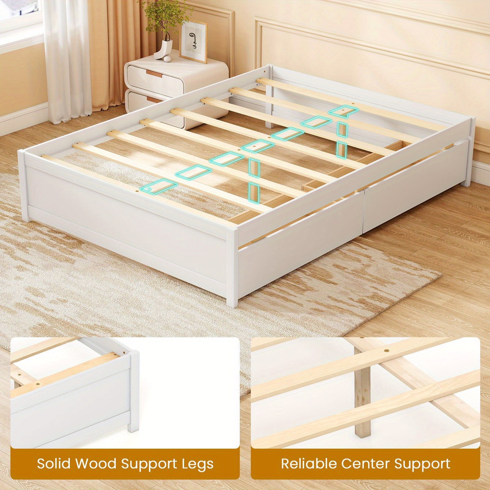 LIFEZEAL Full Size Wooden Platform Bed Frame with 2 Rolling Storage Drawers - Modern White\u002FNatural Bed with Sturdy Hardwood Construction, No Box Spring Needed, 600 lbs Weight Capacity, Underbed Storage System, Easy Assembly