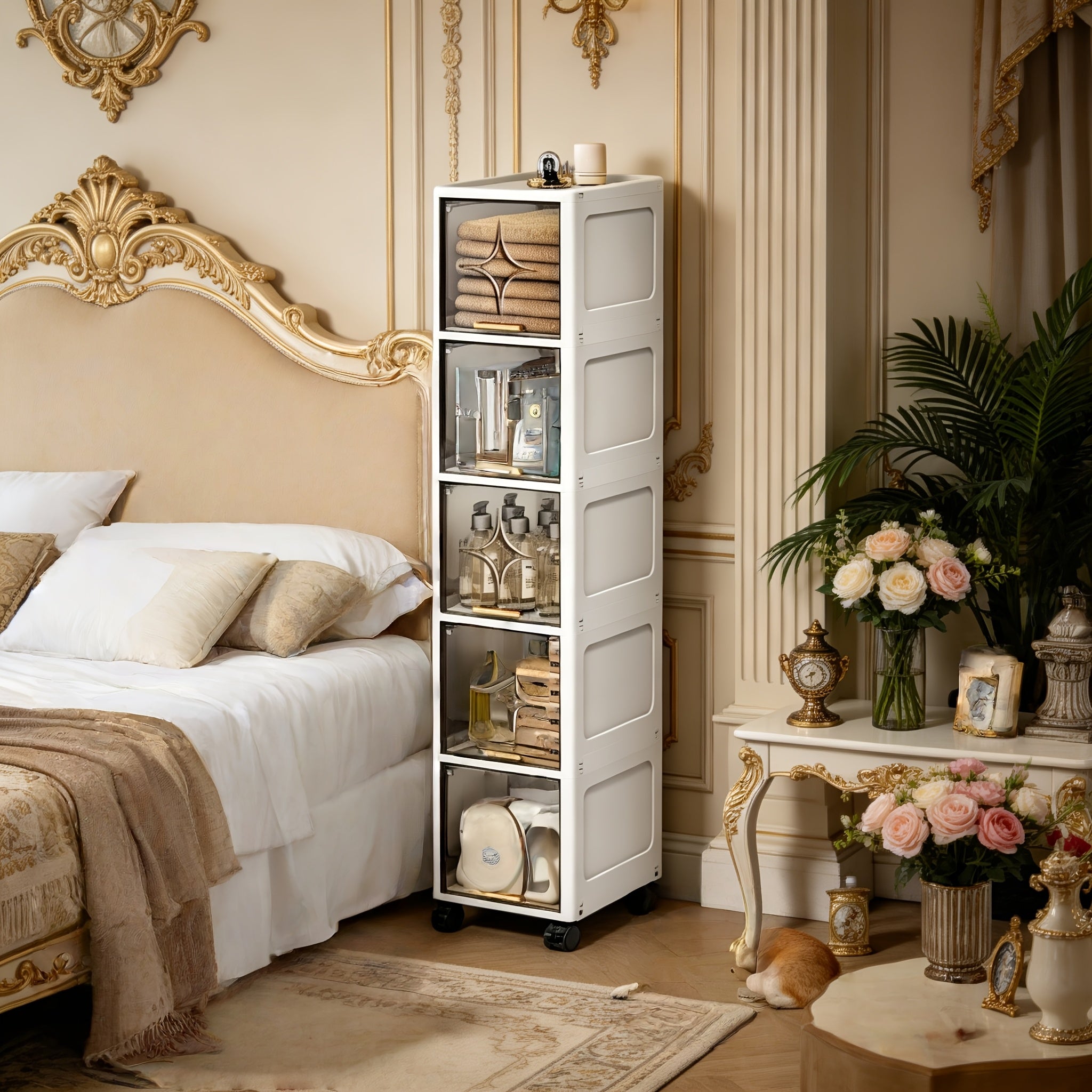 9.84inch Wide, Translucent Tea-Colored, Narrow Folding Storage Cabinet for Home, Narrow Storage Cabinet for Bedroom, Living Room, Miscellaneous Storage And Organization Cabinet, Under-Bed Storage