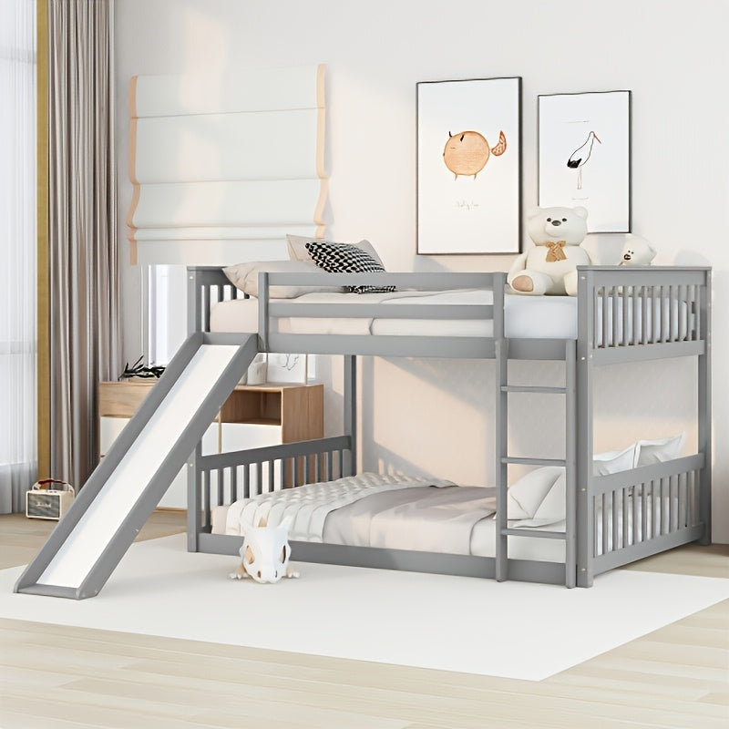 BELLEMAVE Full Over Full Bunk Bed Frame with Slide, Ladder & Full Safety Guardrails, Noise-Reduced Heavy-Duty Bunk Bed, No Box Spring Required, Modern Bedroom Furniture for Small Apartments, Grey
