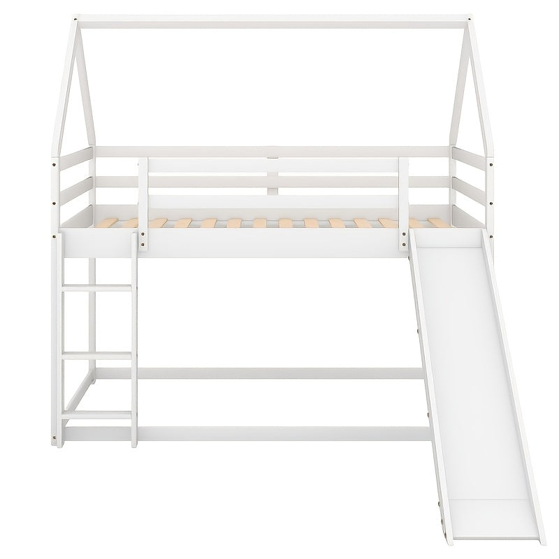 BELLEMAVE 2-in-1 Twin Size Low-Profile House Bunk Bed Frame with Roof, Slide & Ladder, Noise-Reduced Heavy-Duty Bunk Bed, No Box Spring Required, Modern Bedroom Furniture for Small Apartments, White