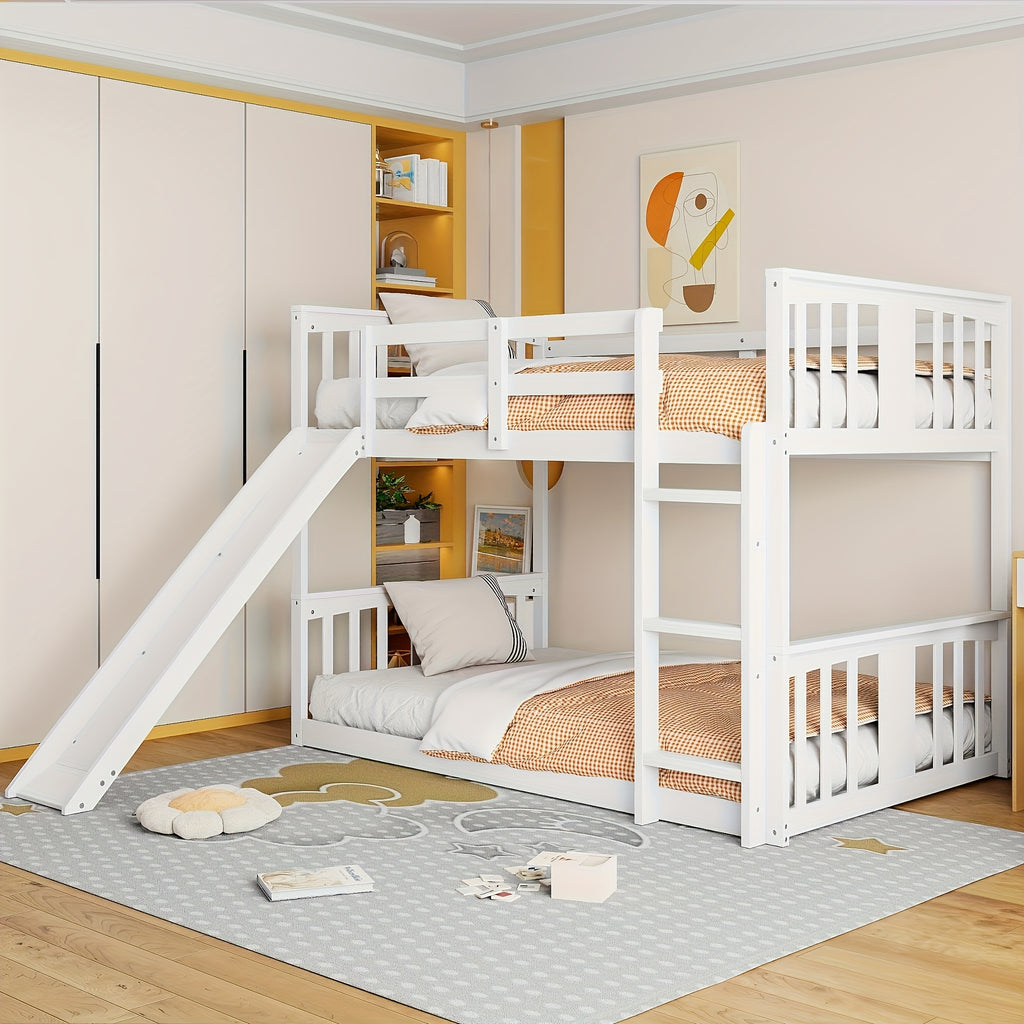 Twin\u002FTwin Bunk Bed with Slide & Ladder - Space-Saving Youngsters Bed with Solid Pine Wood Frame, Full-Length Guardrails, Twin Over Twin Loft Bed Suitable for Shared Bedrooms, Sleepovers & Small Spaces