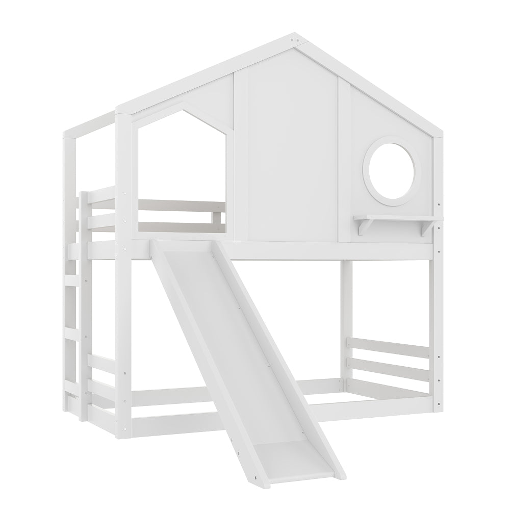Twin House Bunk Bed with Slide and Storage Shelves, Solid Wood House Loft Bed with Window, Childlike Design, White