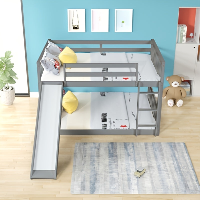 BELLEMAVE Full Over Full Bunk Bed Frame with Slide, Ladder & Full Safety Guardrails, Noise-Reduced Heavy-Duty Bunk Bed, No Box Spring Required, Modern Bedroom Furniture for Small Apartments, Grey