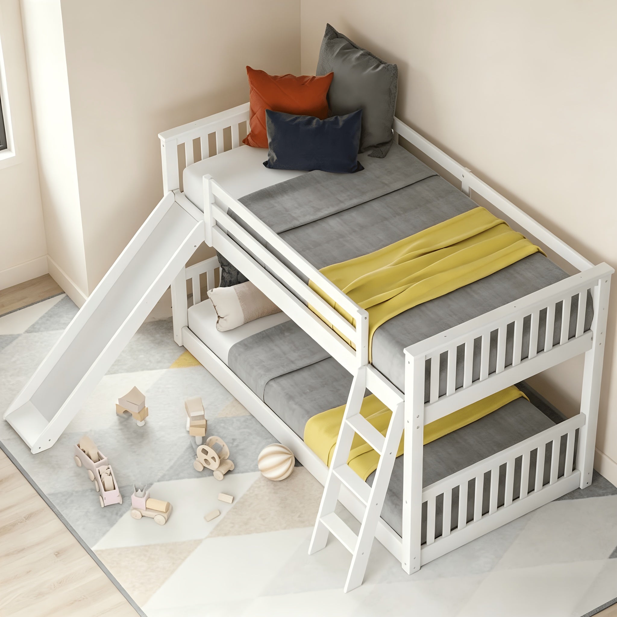 BELLEMAVE Twin Over Twin Bunk Bed with Convertible Slide And Ladder, Sturdy Bed Frame with Safety Guardrails, No Box Spring Needed, White
