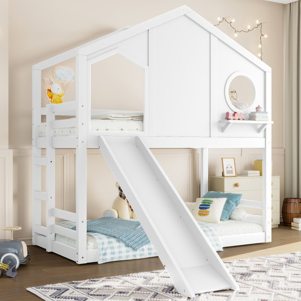 Twin House Bunk Bed with Slide and Storage Shelves, Solid Wood House Loft Bed with Window, Childlike Design, White