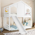 Twin House Bunk Bed with Slide and Storage Shelves, Solid Wood House Loft Bed with Window, Childlike Design, White
