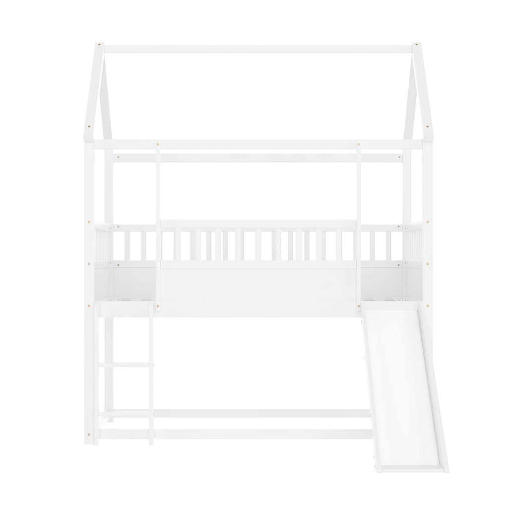 Bellemave Twin Over Twin House Bunk Bed with Convertible Slide & Reversible Ladder, Safety Guardrail - House-Shaped Kids Bed Frame, Low-Profile Design, Easy Assembly, No Box Spring Needed (Mattress Not Included), White - Room